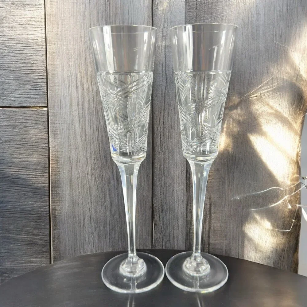 Mikasa Crystal Cross Track Clear Tall Crystal Glass Flute Drinking Glasses Set 2